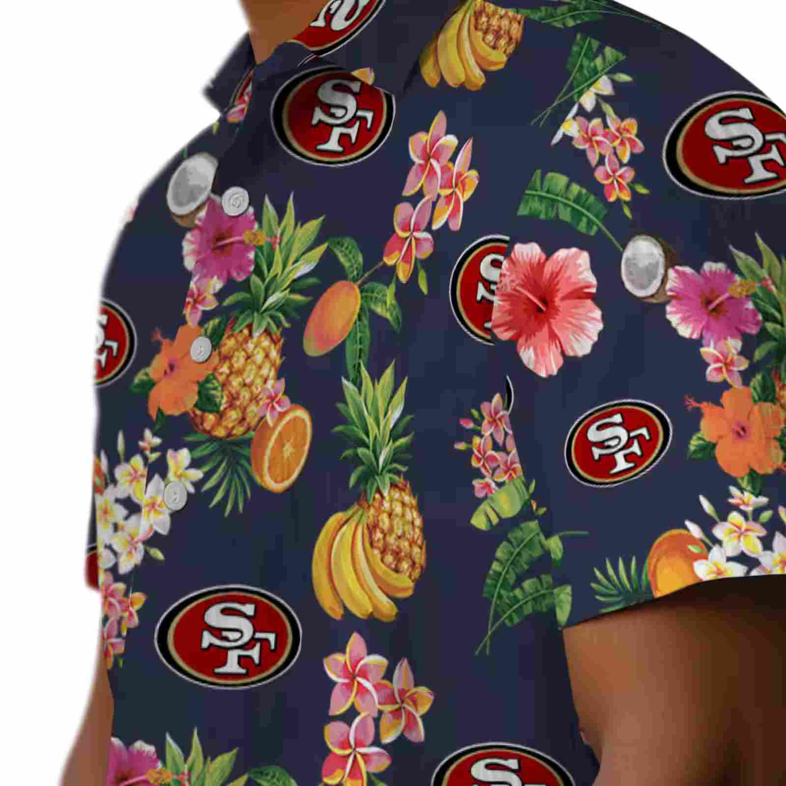 san francisco 49ers hibiscus and fruit navy blue hawaiian shirt trendy