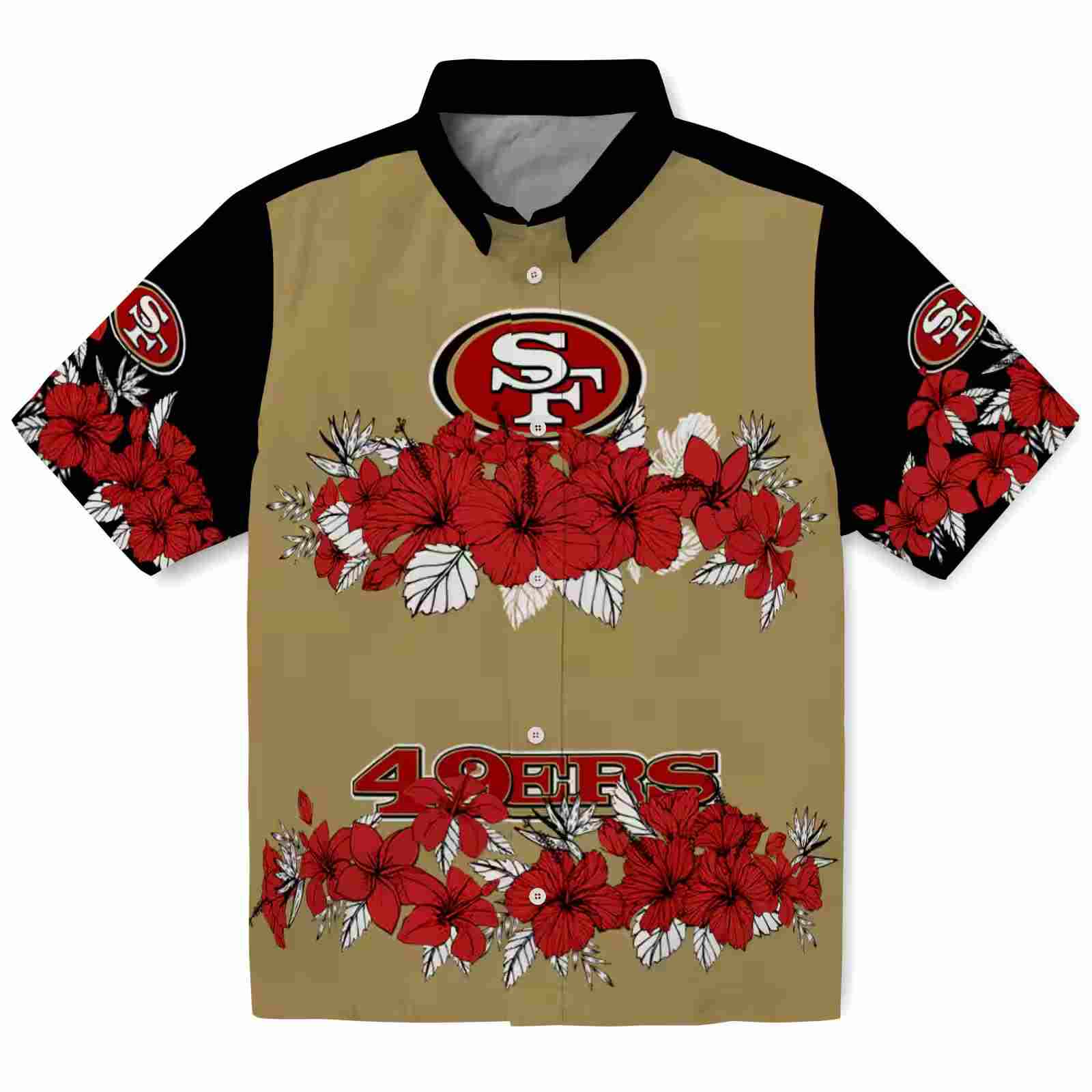 San Francisco 49ers Hibiscus Stripe Red Black Hawaiian Shirt