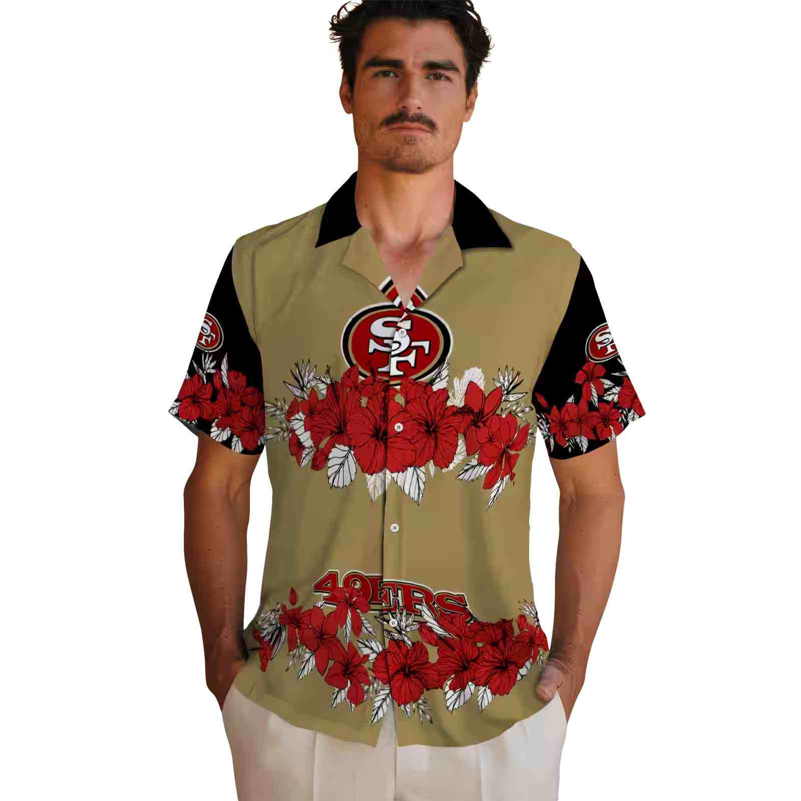 san francisco 49ers hibiscus stripe red black hawaiian shirt fashion forward