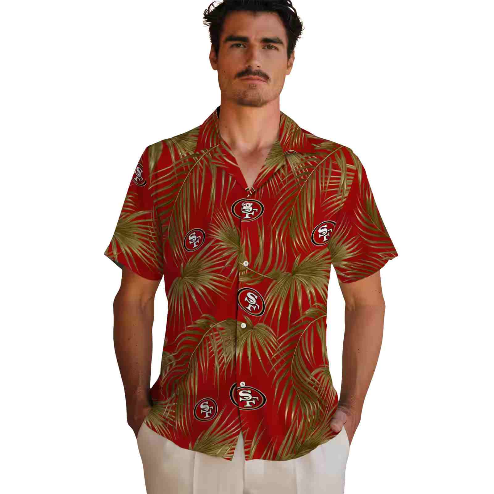 san francisco 49ers leafy palms red hawaiian shirt fashion forward