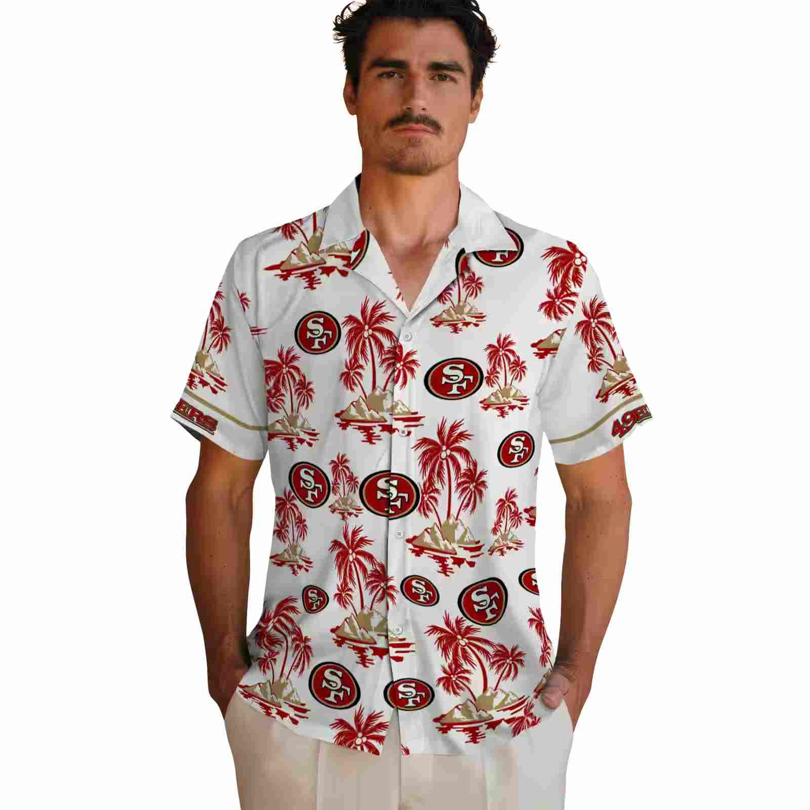 san francisco 49ers palm island print red white hawaiian shirt fashion forward