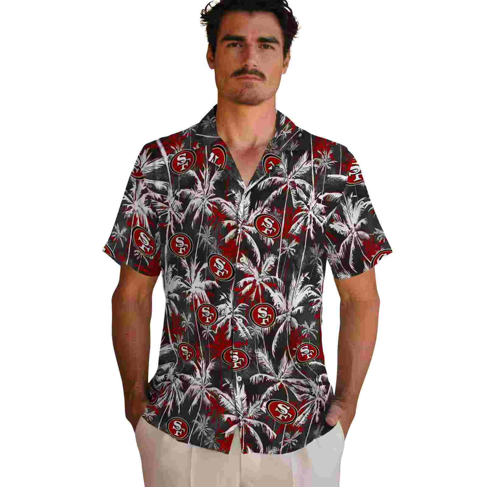 san francisco 49ers palm pattern red black hawaiian shirt fashion forward