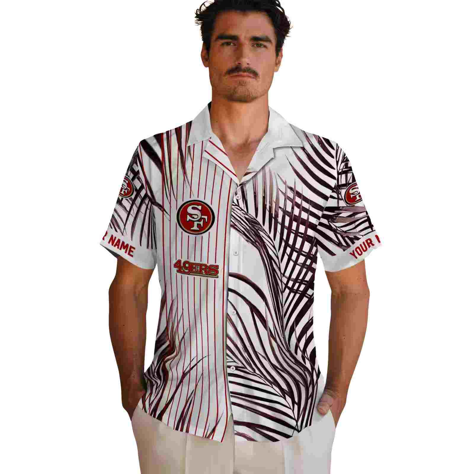 san francisco 49ers palm stripes red black white hawaiian shirt fashion forward