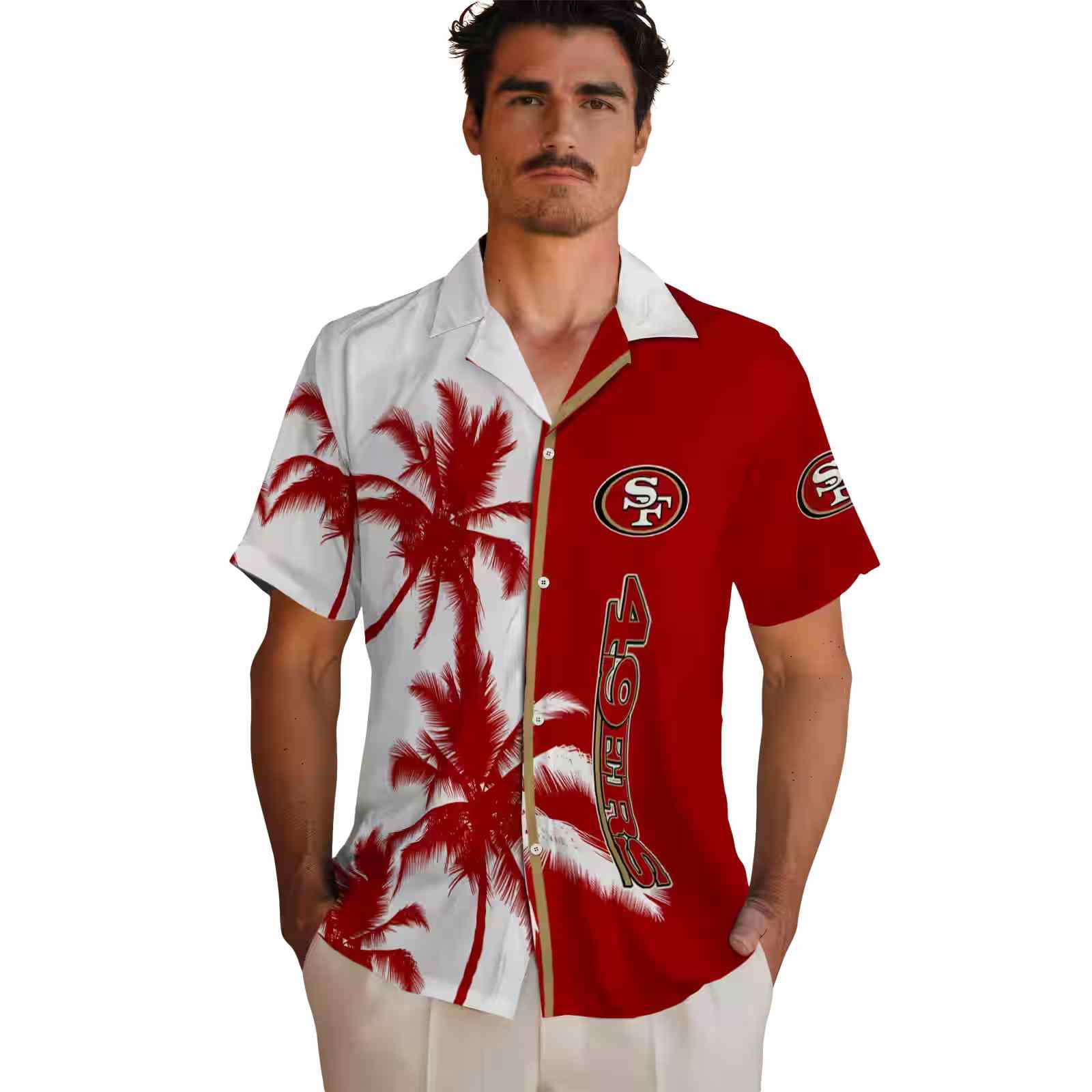 san francisco 49ers palm trees red white hawaiian shirt fashion forward