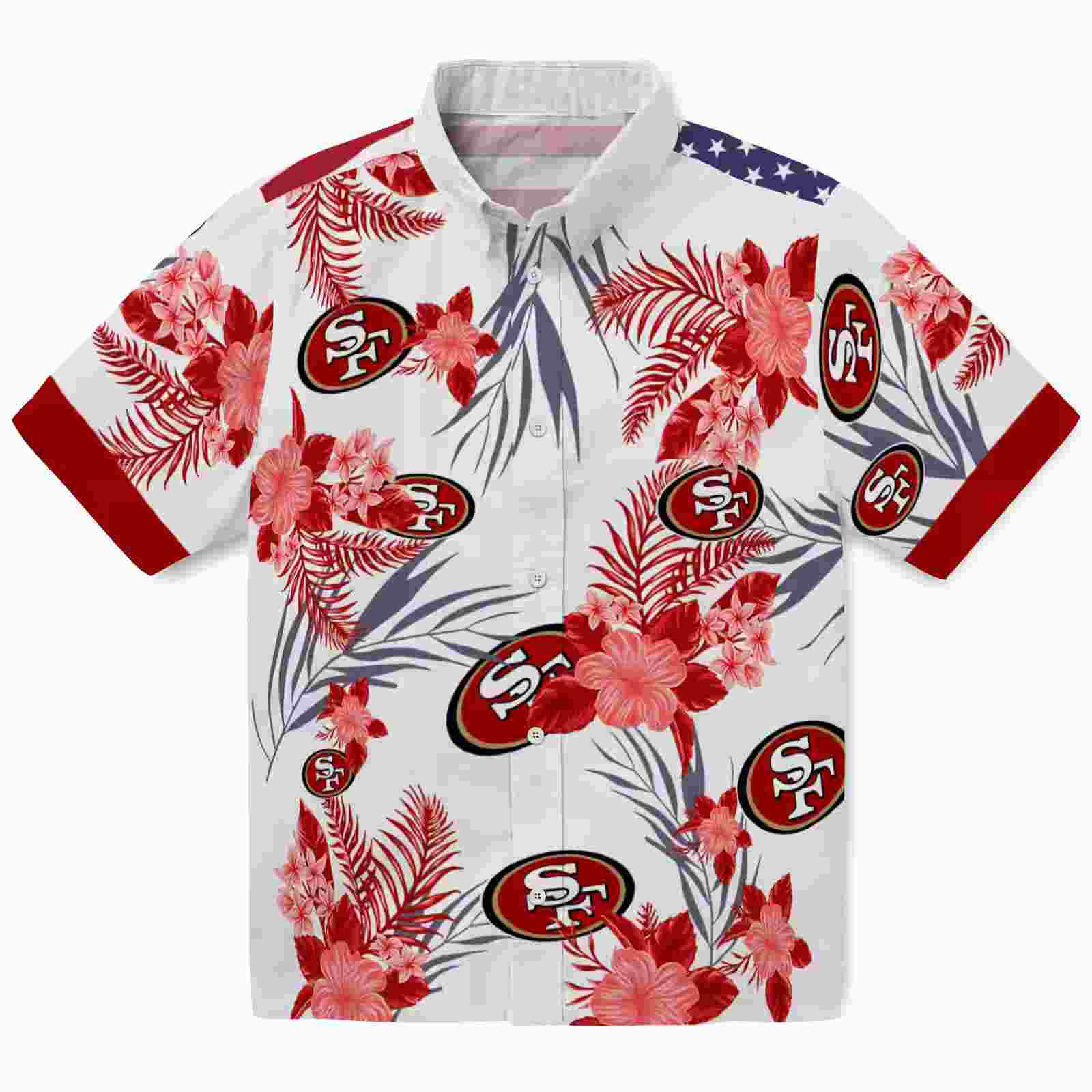 San Francisco 49ers Patriotic Hibiscus Design Red White Hawaiian Shirt