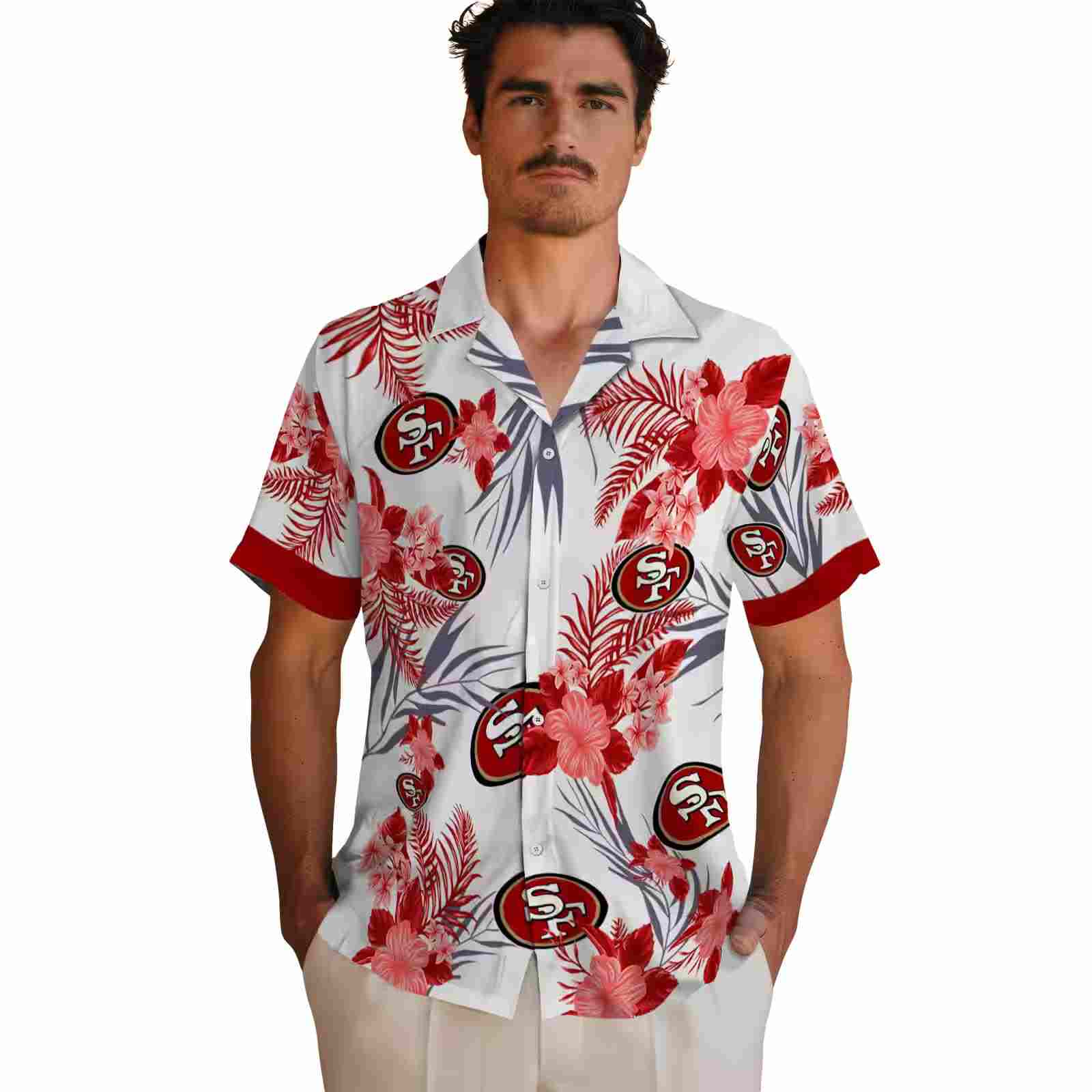 san francisco 49ers patriotic hibiscus design red white hawaiian shirt fashion forward