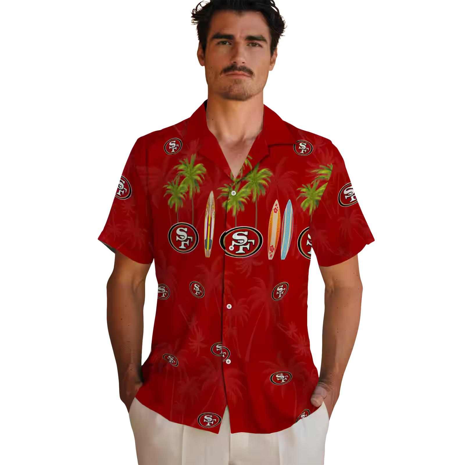 san francisco 49ers surfboard palm red hawaiian shirt fashion forward