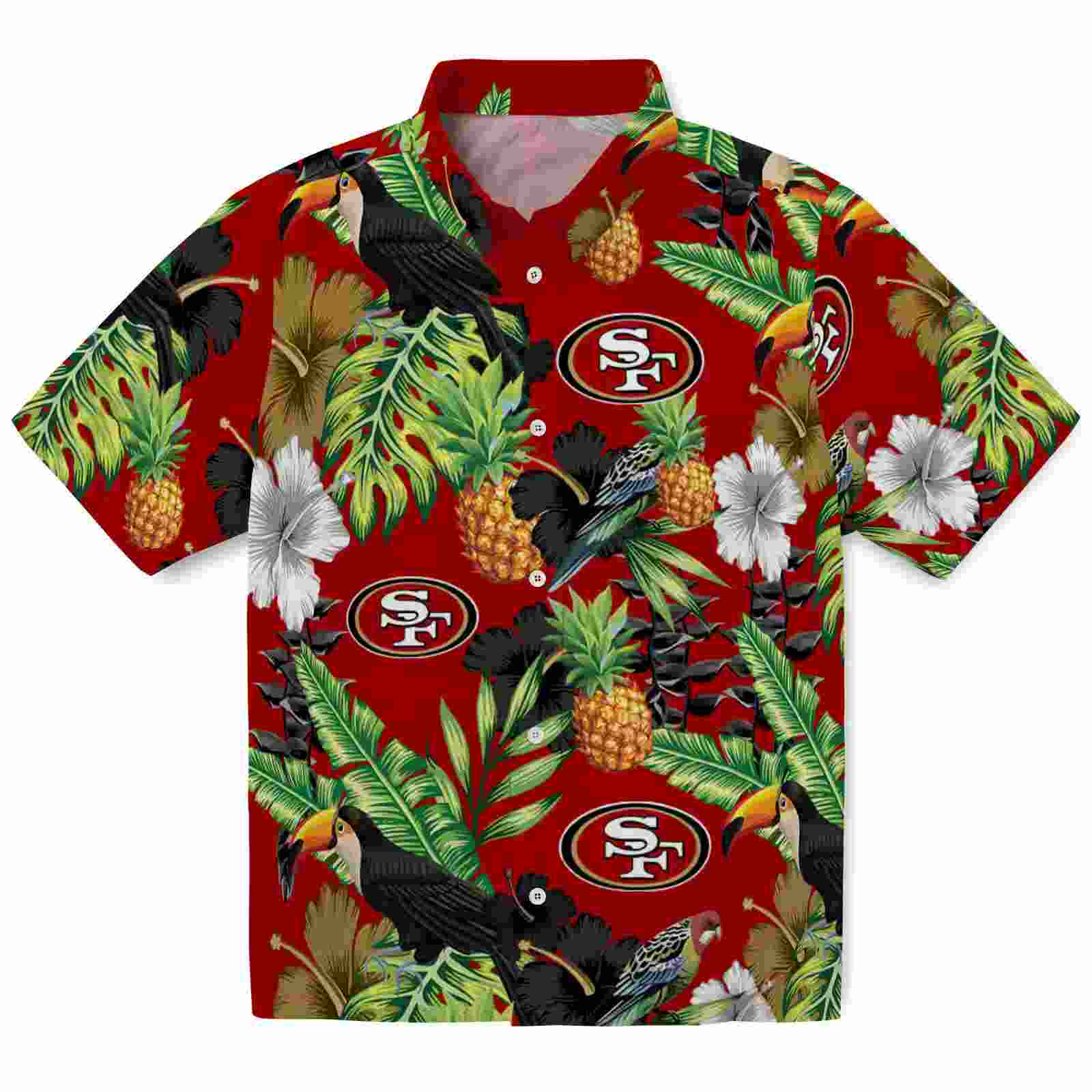 San Francisco 49ers Toucan Hibiscus Pineapple Red Green Hawaiian Shirt