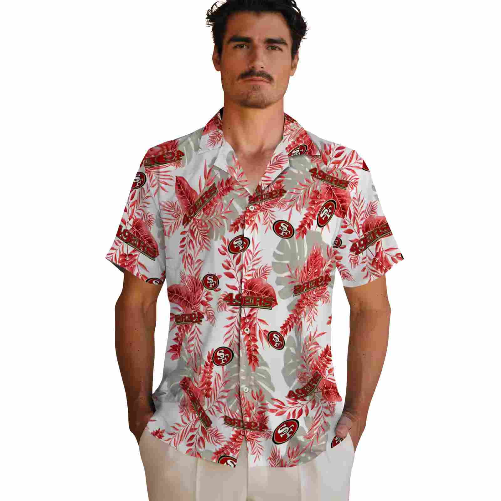 san francisco 49ers tropical leaves white hawaiian shirt fashion forward