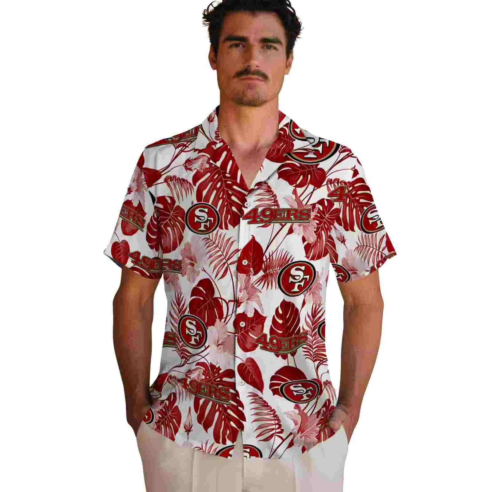 san francisco 49ers tropical plants red white hawaiian shirt fashion forward