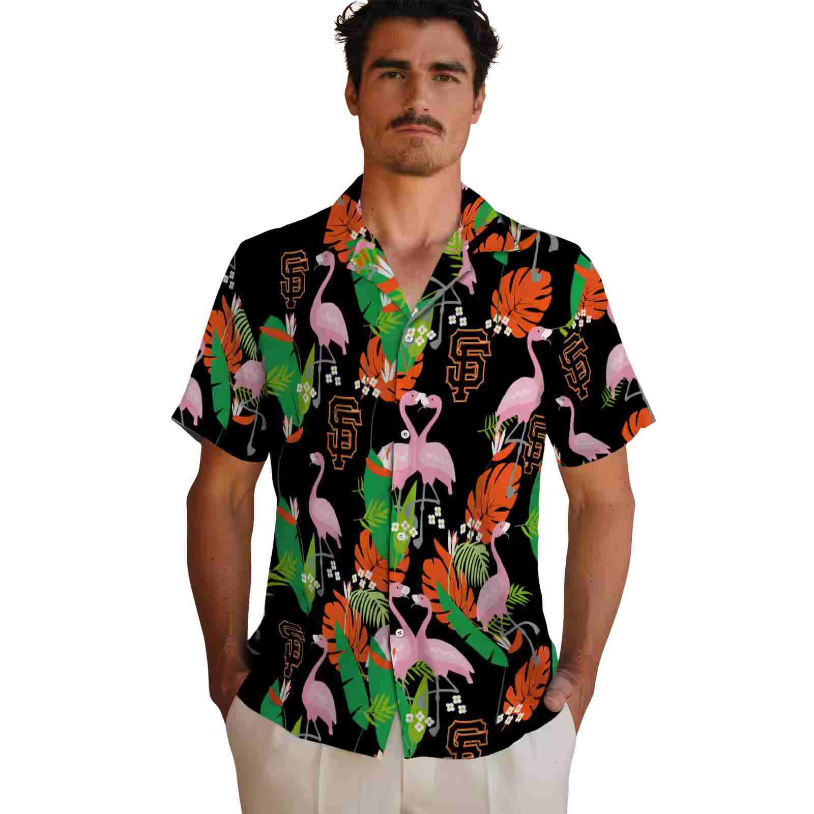 san francisco giants flamingo foliage orange green hawaiian shirt fashion forward