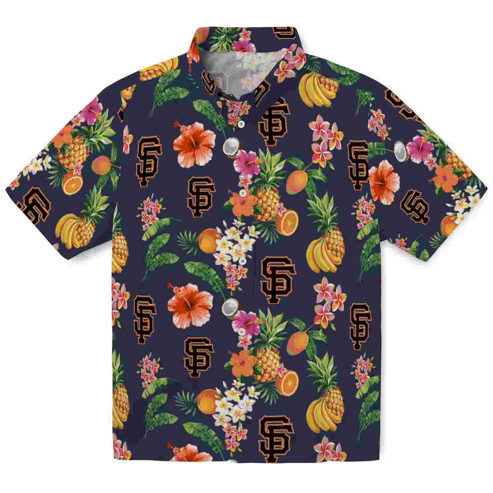 San Francisco Giants Hibiscus And Fruit Navy Blue Hawaiian Shirt