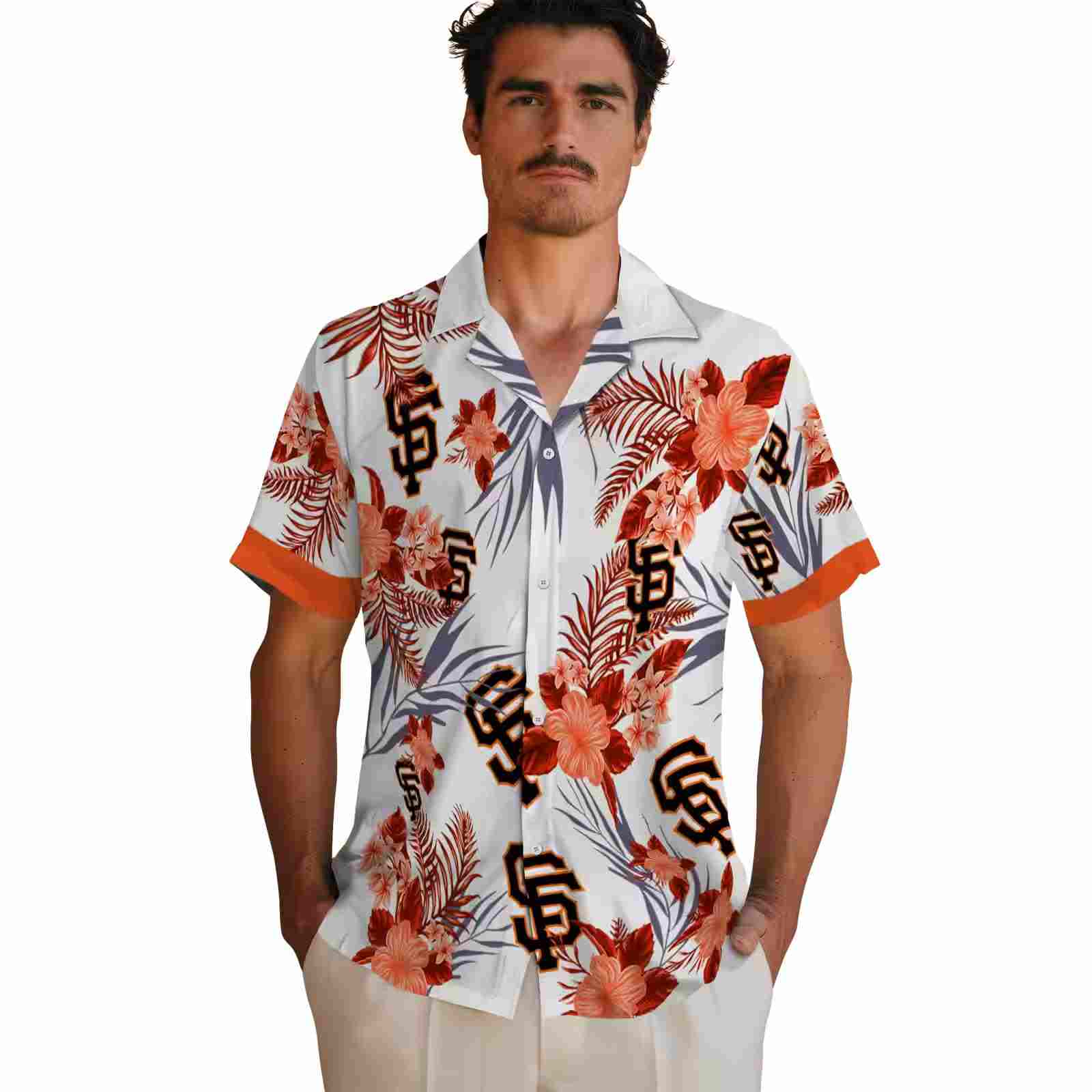 san francisco giants patriotic hibiscus design orange white hawaiian shirt fashion forward