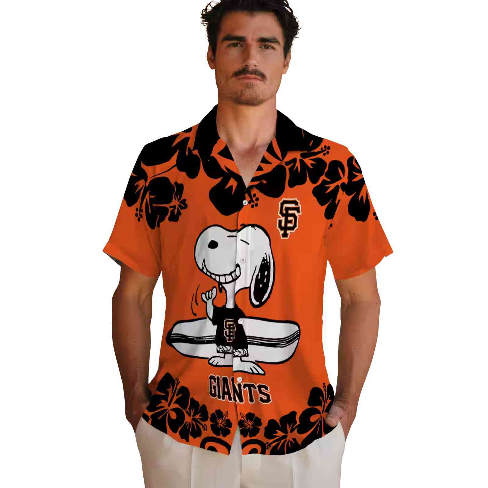 san francisco giants snoopy surf orange white hawaiian shirt fashion forward