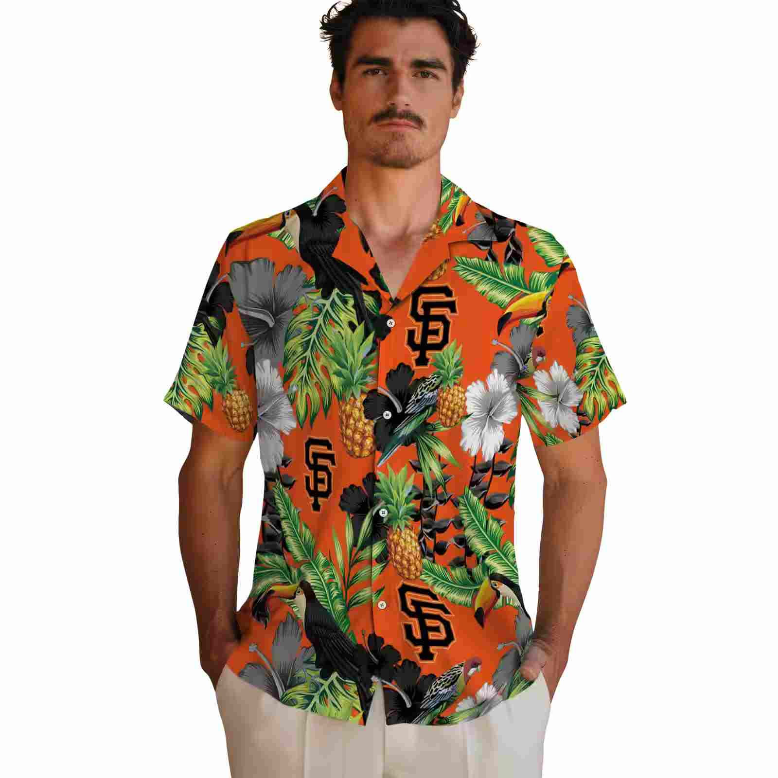 san francisco giants toucan hibiscus pineapple orange green hawaiian shirt fashion forward