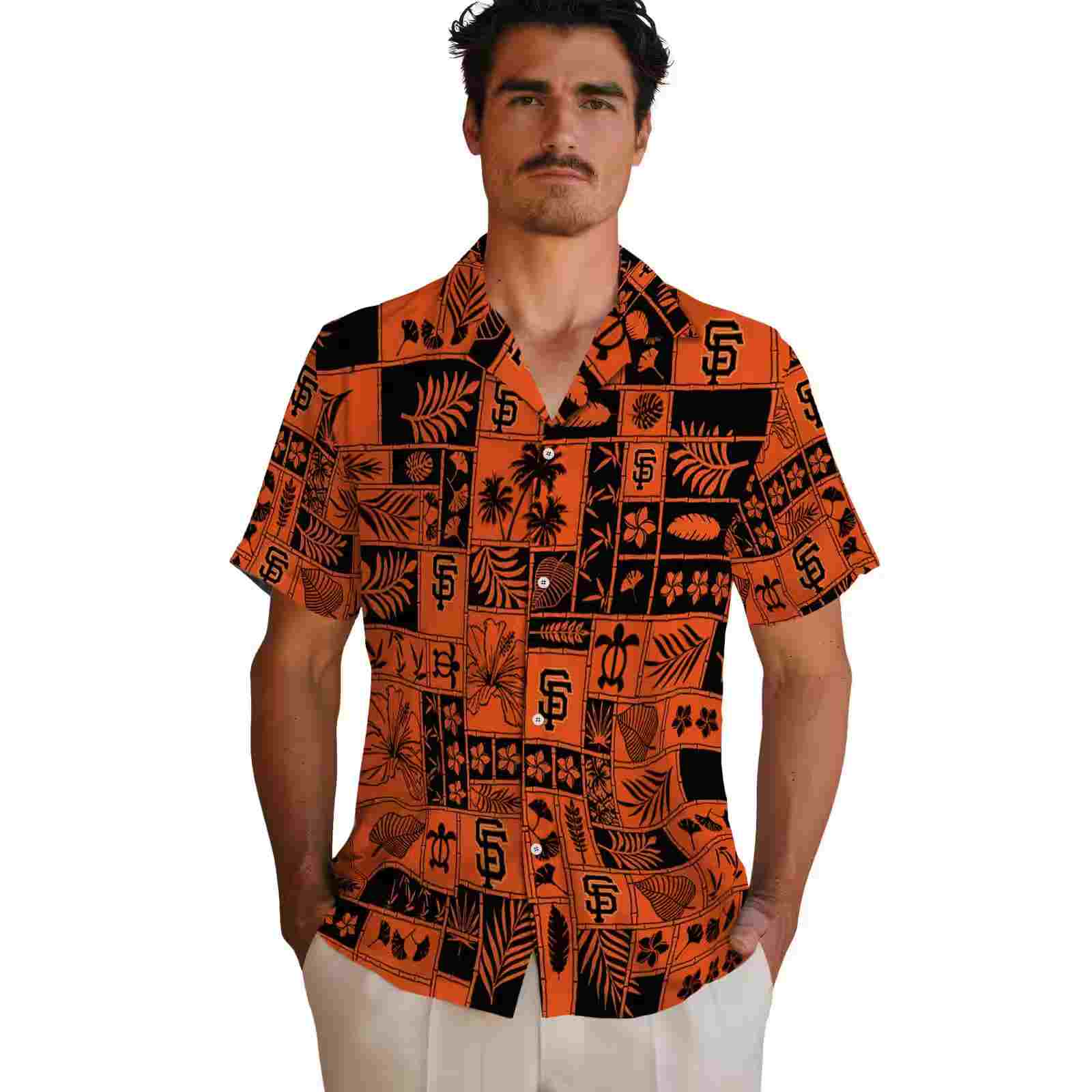 san francisco giants tropical patchwork orange black hawaiian shirt fashion forward