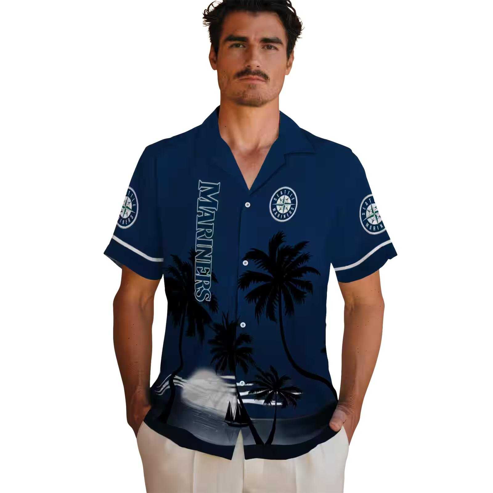 seattle mariners beach sunset navy blue black hawaiian shirt fashion forward