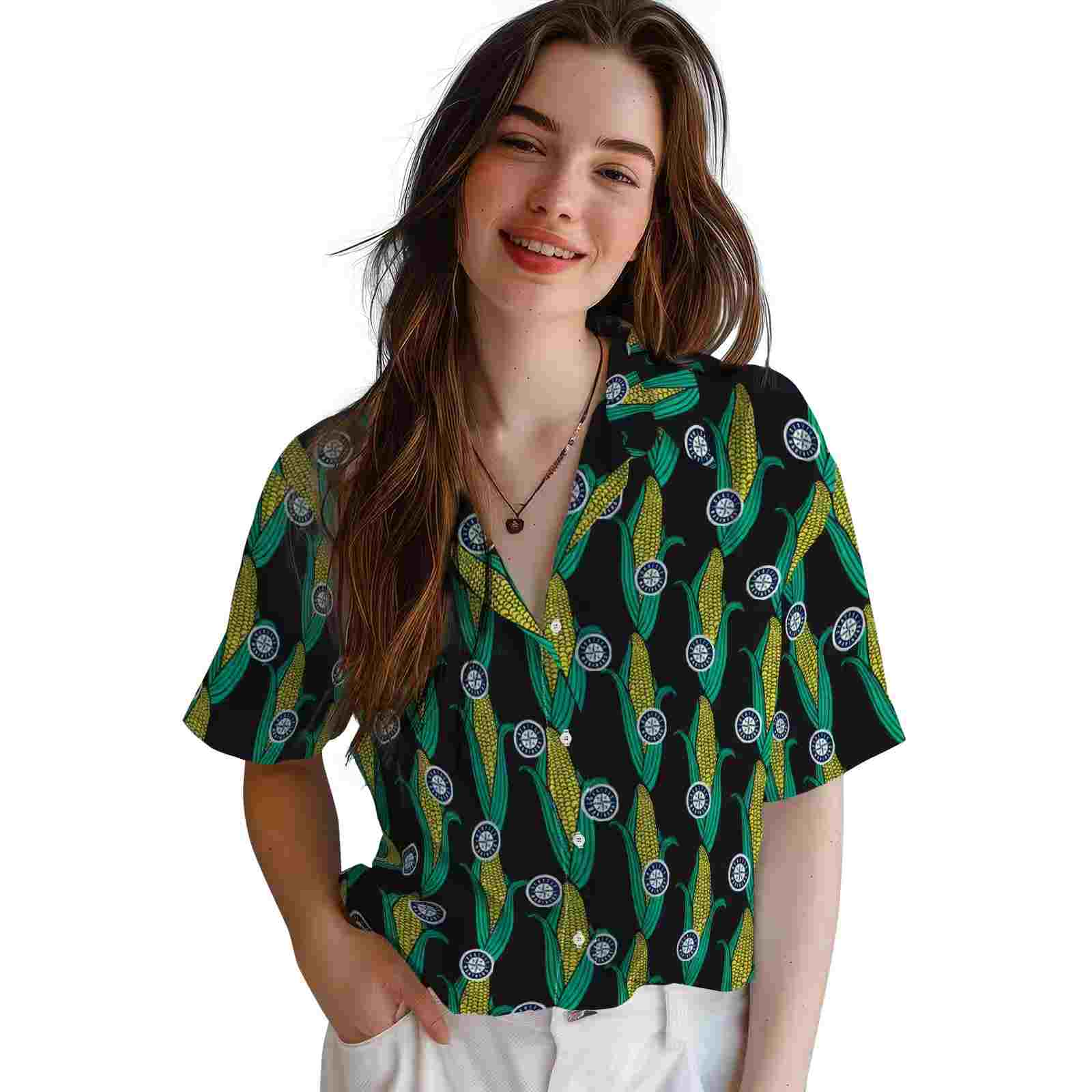 seattle mariners corn motifs black green hawaiian shirt latest model