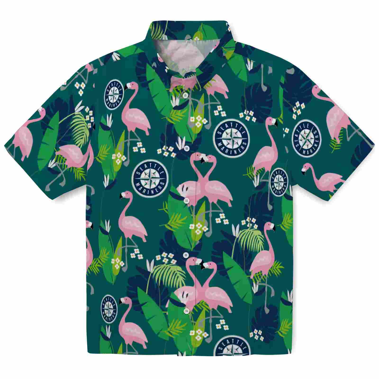 Seattle Mariners Flamingo Foliage Navy Blue Green Hawaiian Shirt