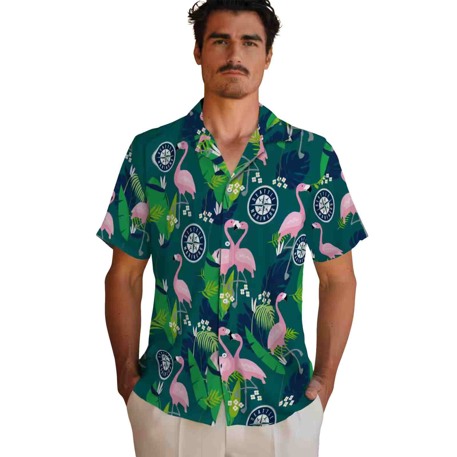 seattle mariners flamingo foliage navy blue green hawaiian shirt fashion forward