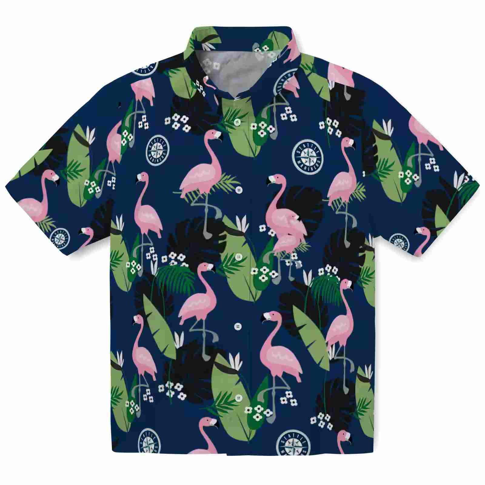 Seattle Mariners Flamingo Leaf Motif Navy Blue Hawaiian Shirt