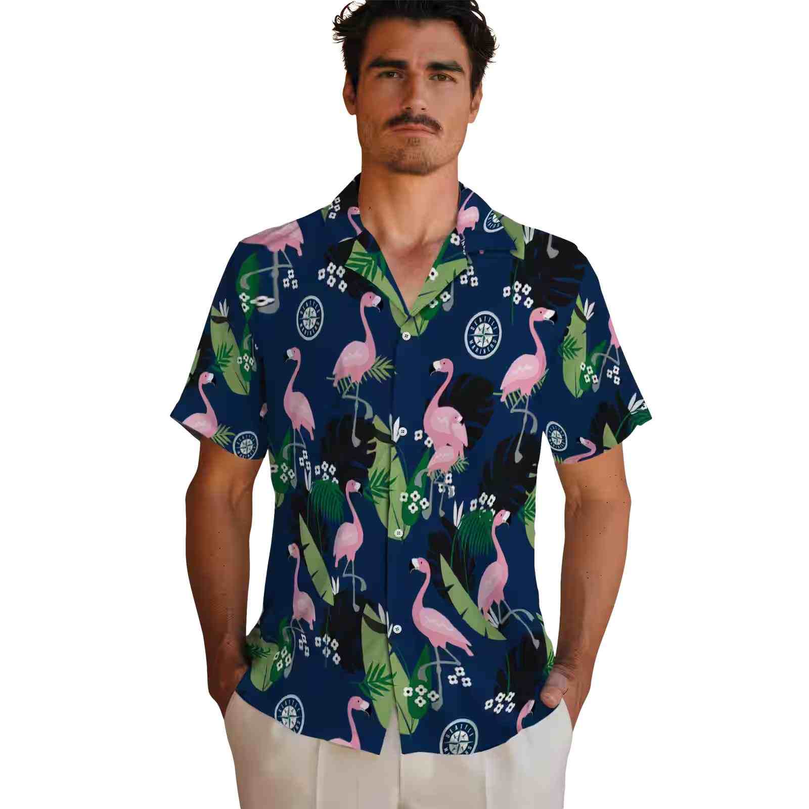 seattle mariners flamingo leaf motif navy blue hawaiian shirt fashion forward