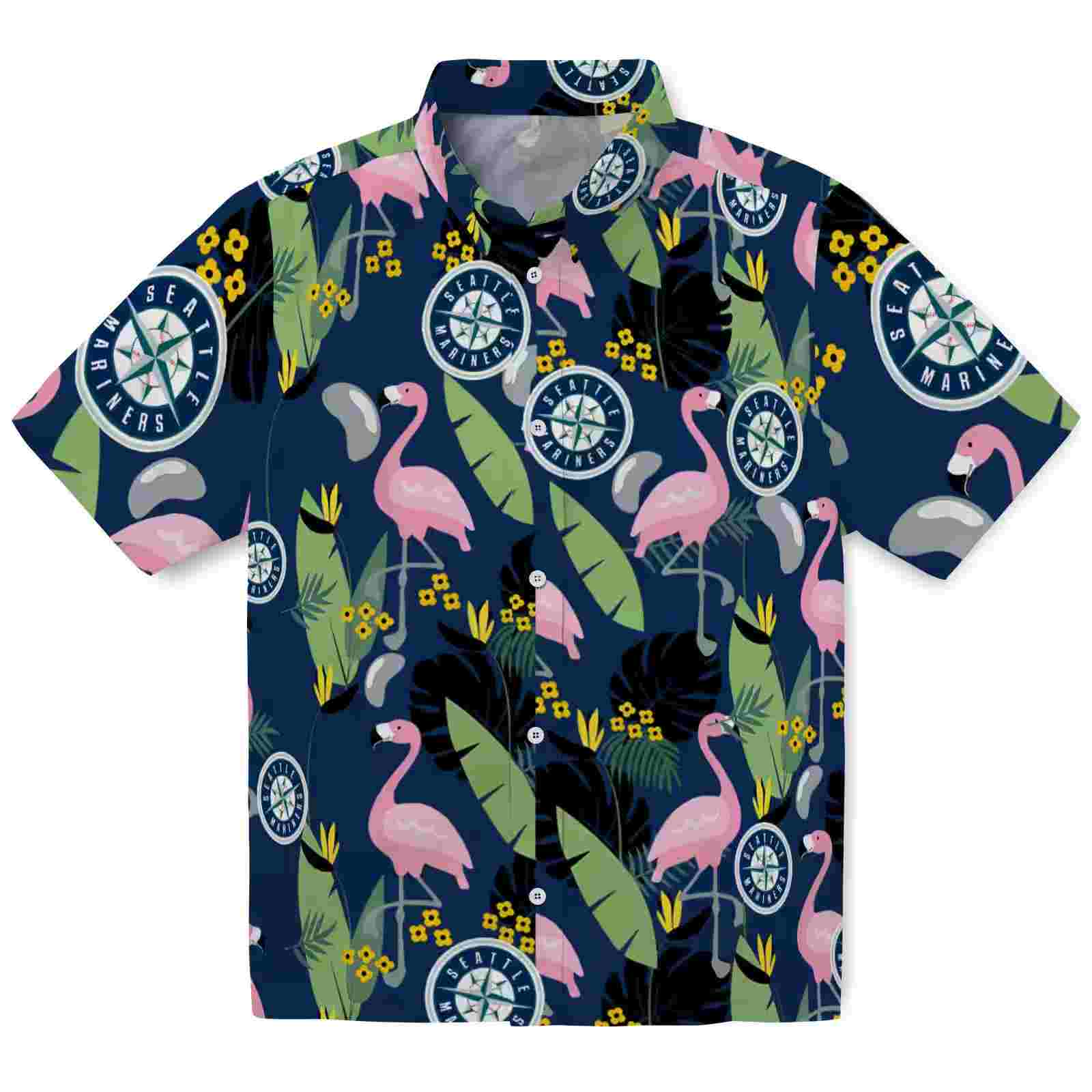 Seattle Mariners Flamingo Leaves Navy Blue Hawaiian Shirt