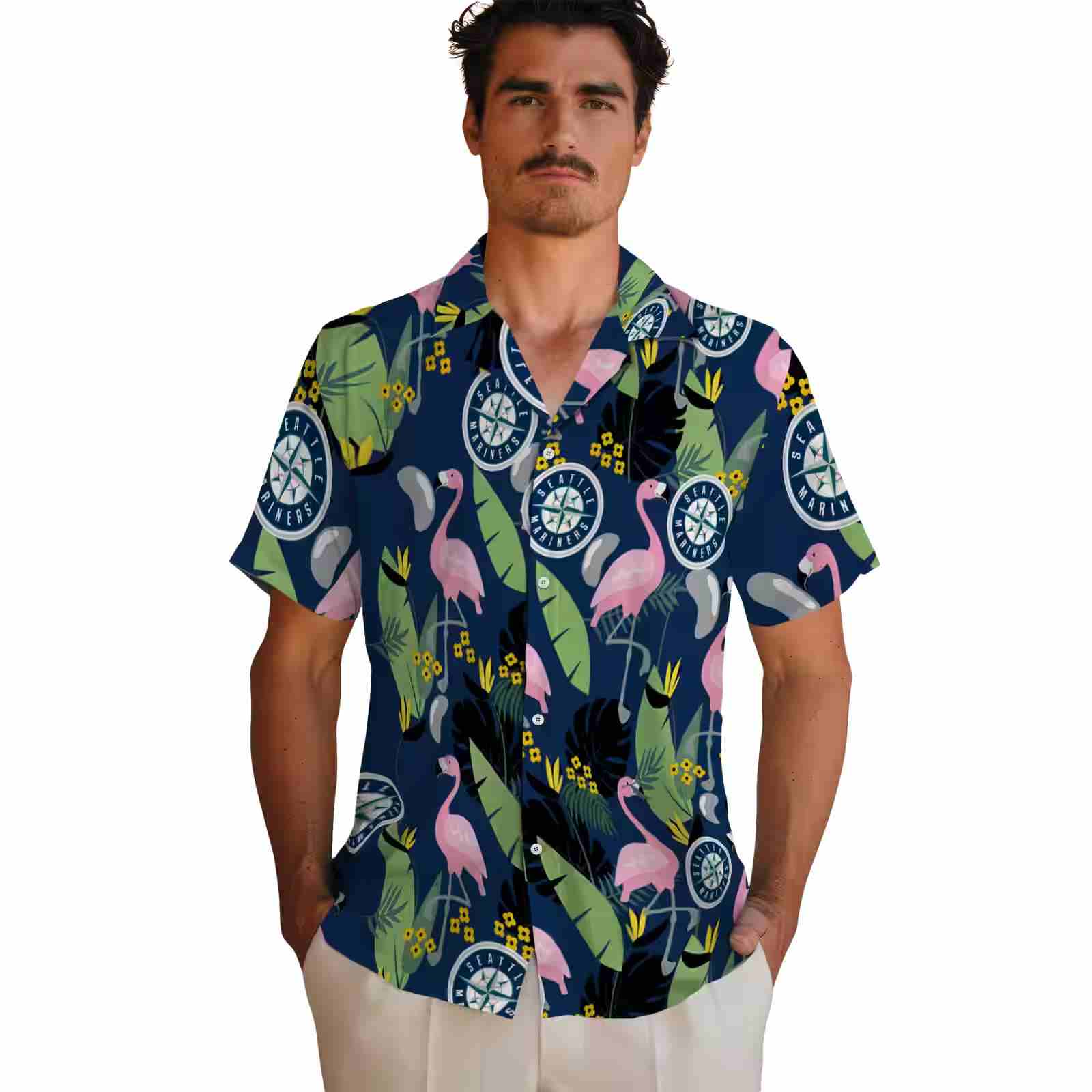 seattle mariners flamingo leaves navy blue hawaiian shirt fashion forward