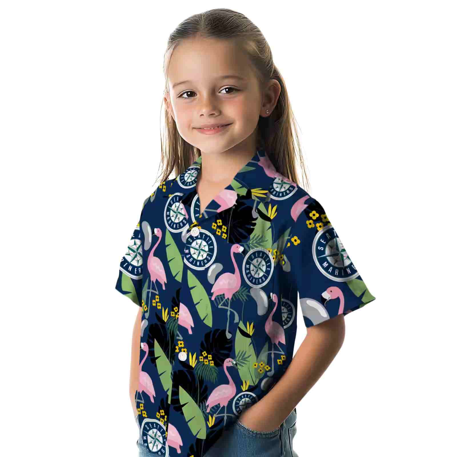 seattle mariners flamingo leaves navy blue hawaiian shirt premium grade