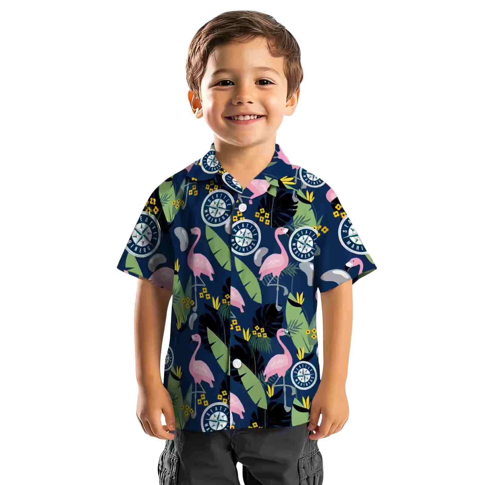 seattle mariners flamingo leaves navy blue hawaiian shirt top rated