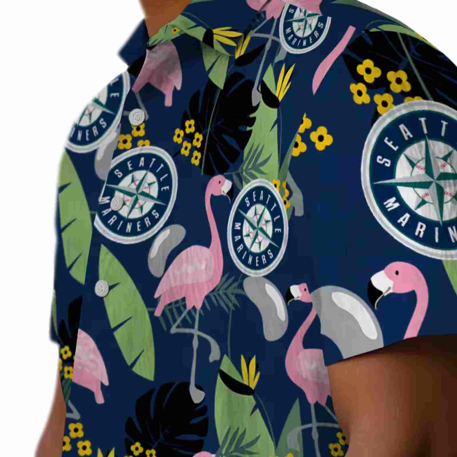 seattle mariners flamingo leaves navy blue hawaiian shirt trendy