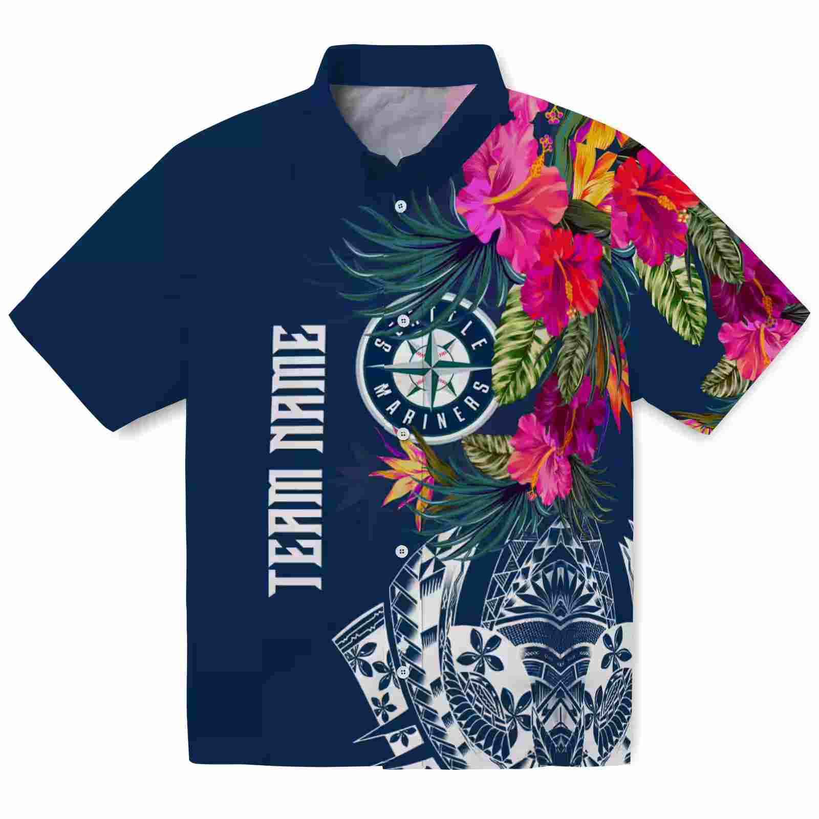 Seattle Mariners Floral Polynesian Navy Blue Hawaiian Shirt