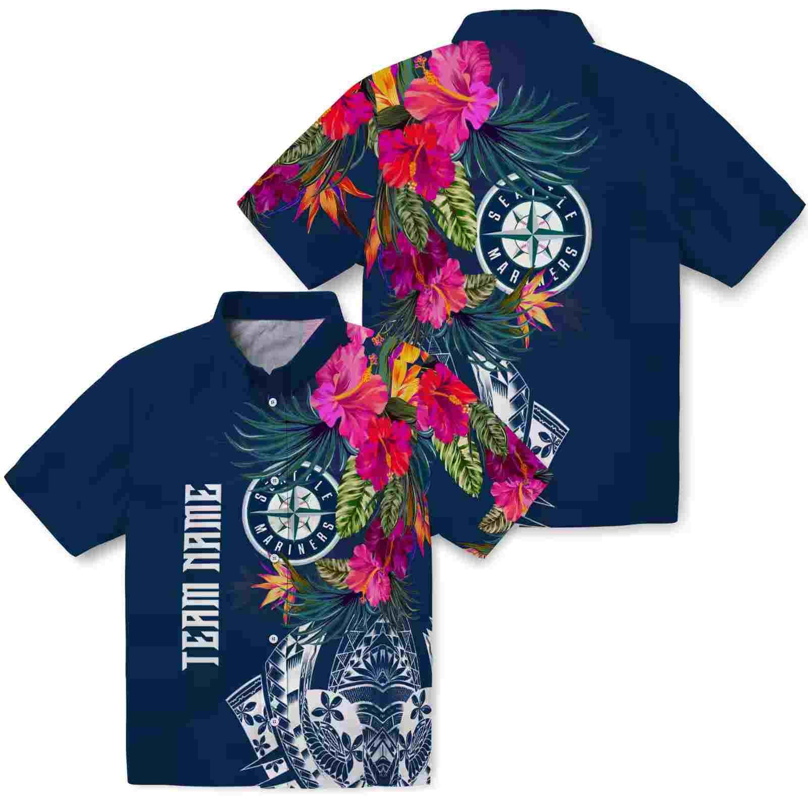 seattle mariners floral polynesian navy blue hawaiian shirt high quality