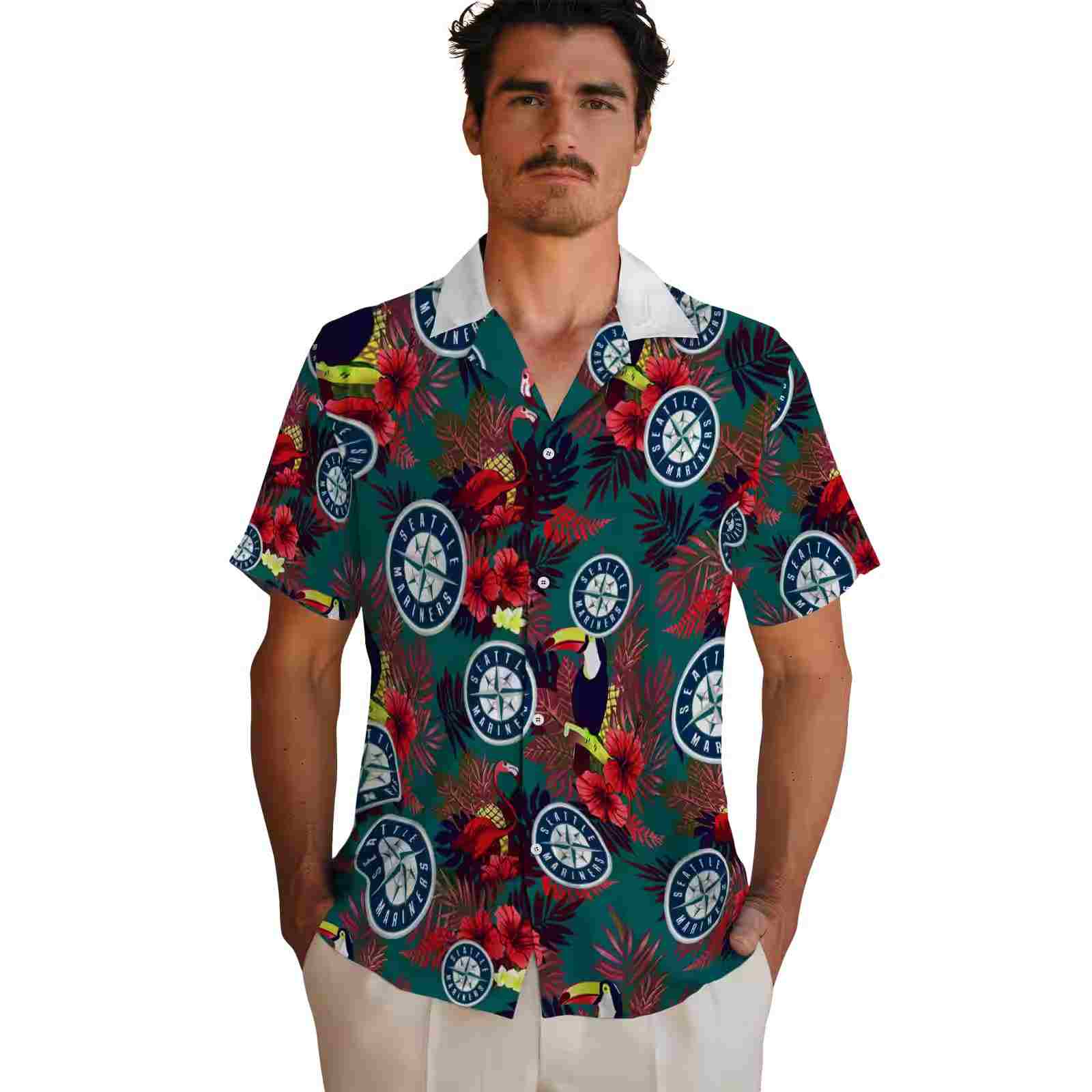 seattle mariners floral toucan navy blue red hawaiian shirt fashion forward