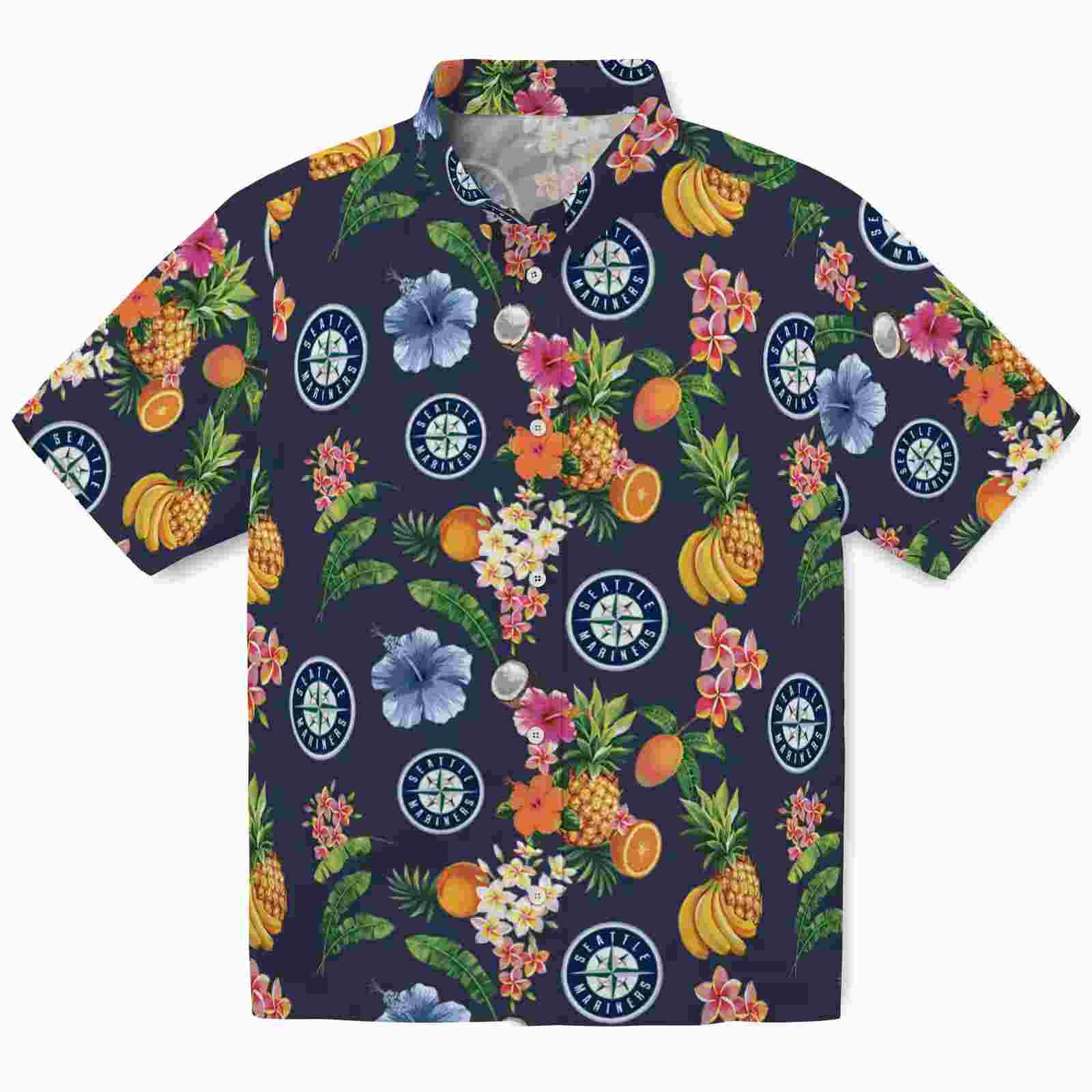 Seattle Mariners Hibiscus And Fruit Navy Blue Hawaiian Shirt