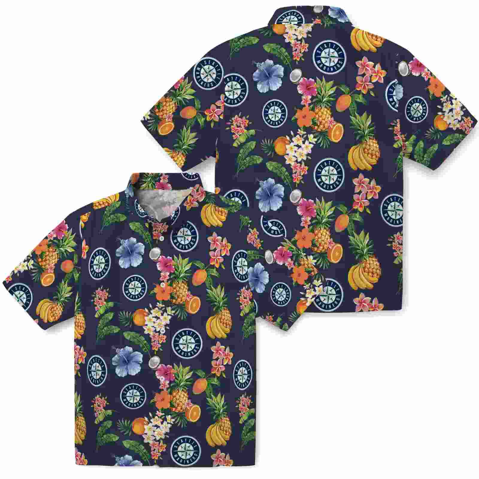 seattle mariners hibiscus and fruit navy blue hawaiian shirt high quality