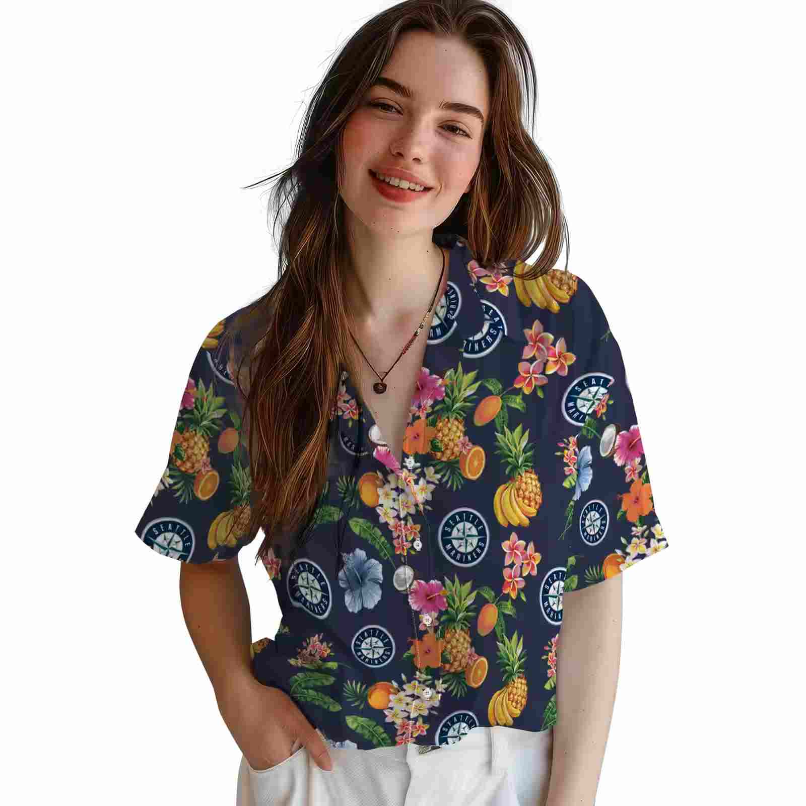 seattle mariners hibiscus and fruit navy blue hawaiian shirt latest model