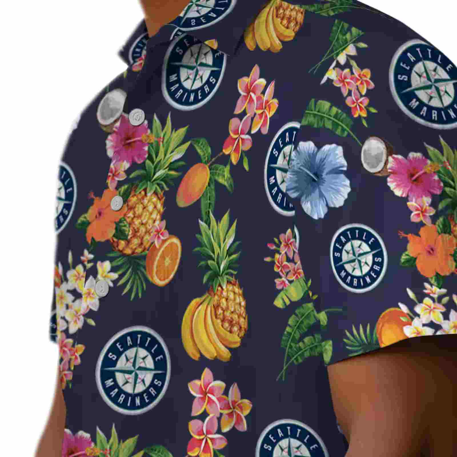 seattle mariners hibiscus and fruit navy blue hawaiian shirt trendy