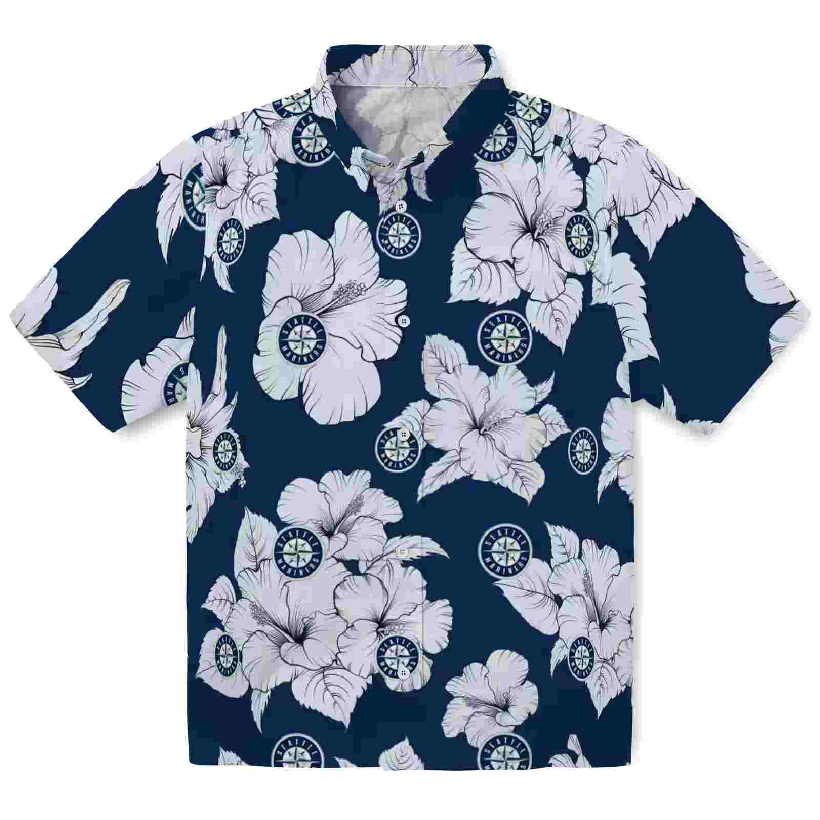 Seattle Mariners Hibiscus Blooms Navy Blue White Hawaiian Shirt