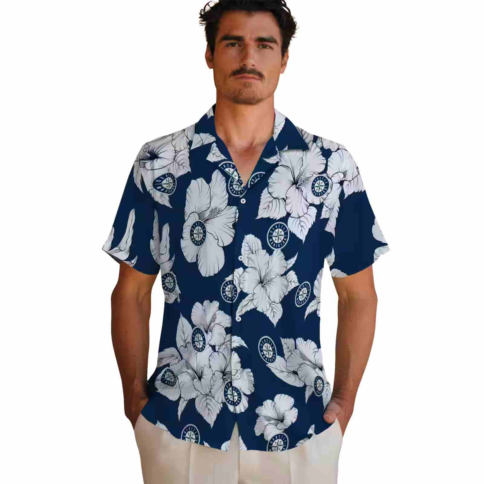 seattle mariners hibiscus blooms navy blue white hawaiian shirt fashion forward