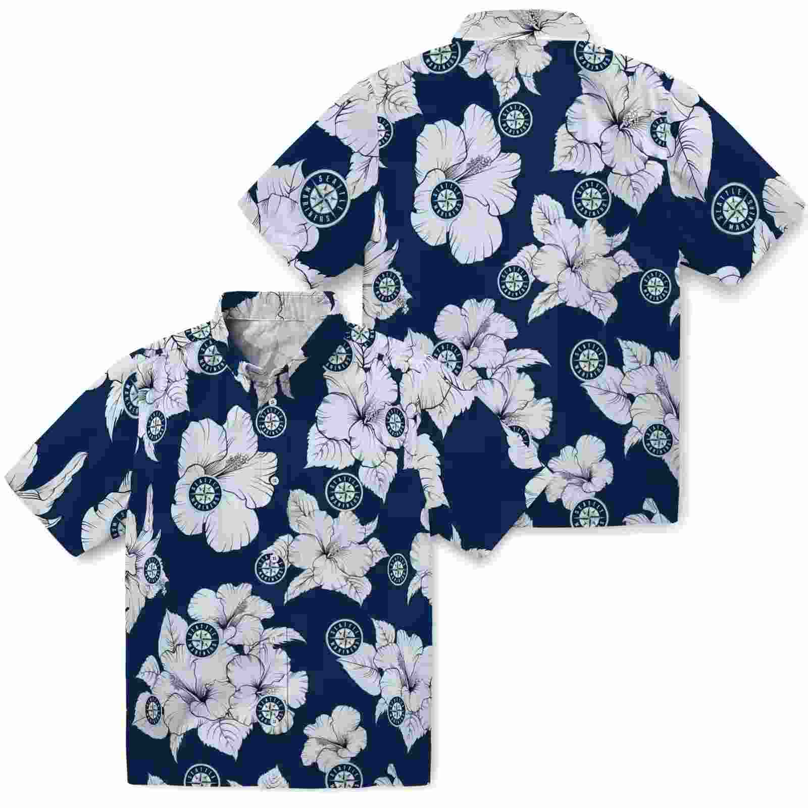 seattle mariners hibiscus blooms navy blue white hawaiian shirt high quality