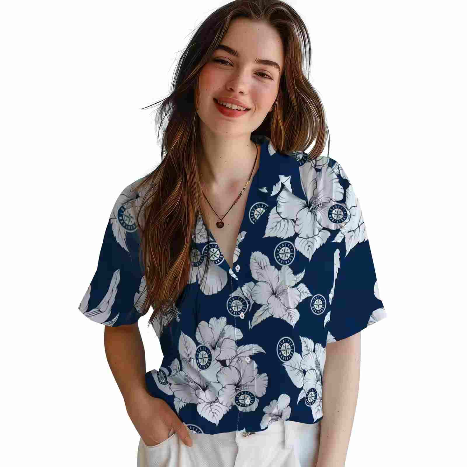 seattle mariners hibiscus blooms navy blue white hawaiian shirt latest model