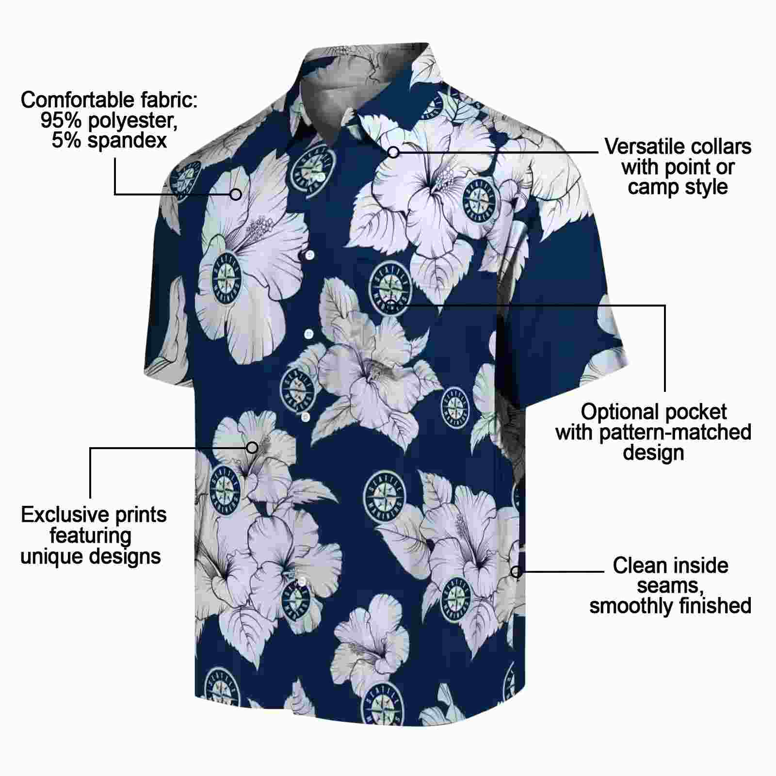 seattle mariners hibiscus blooms navy blue white hawaiian shirt new arrival