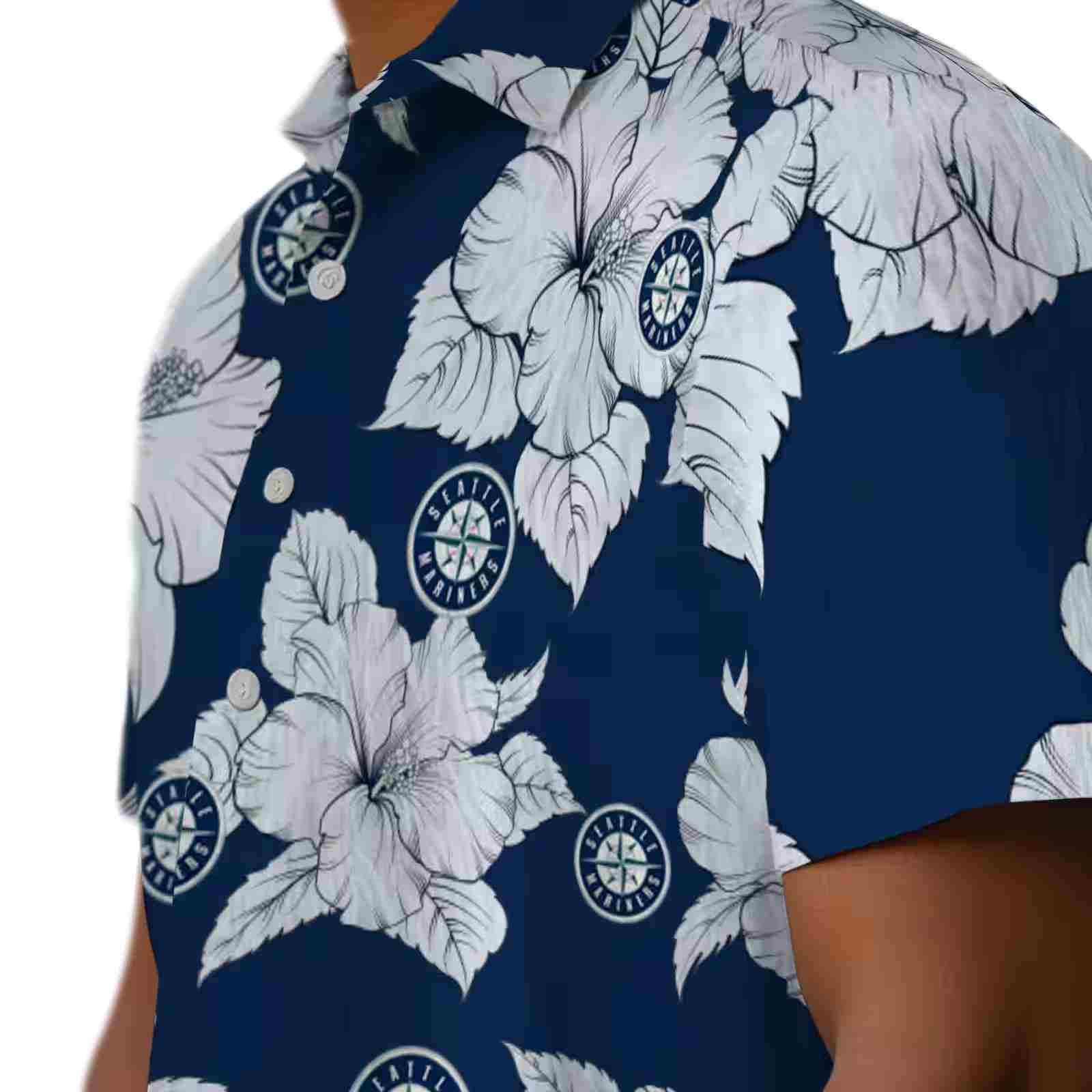 seattle mariners hibiscus blooms navy blue white hawaiian shirt trendy