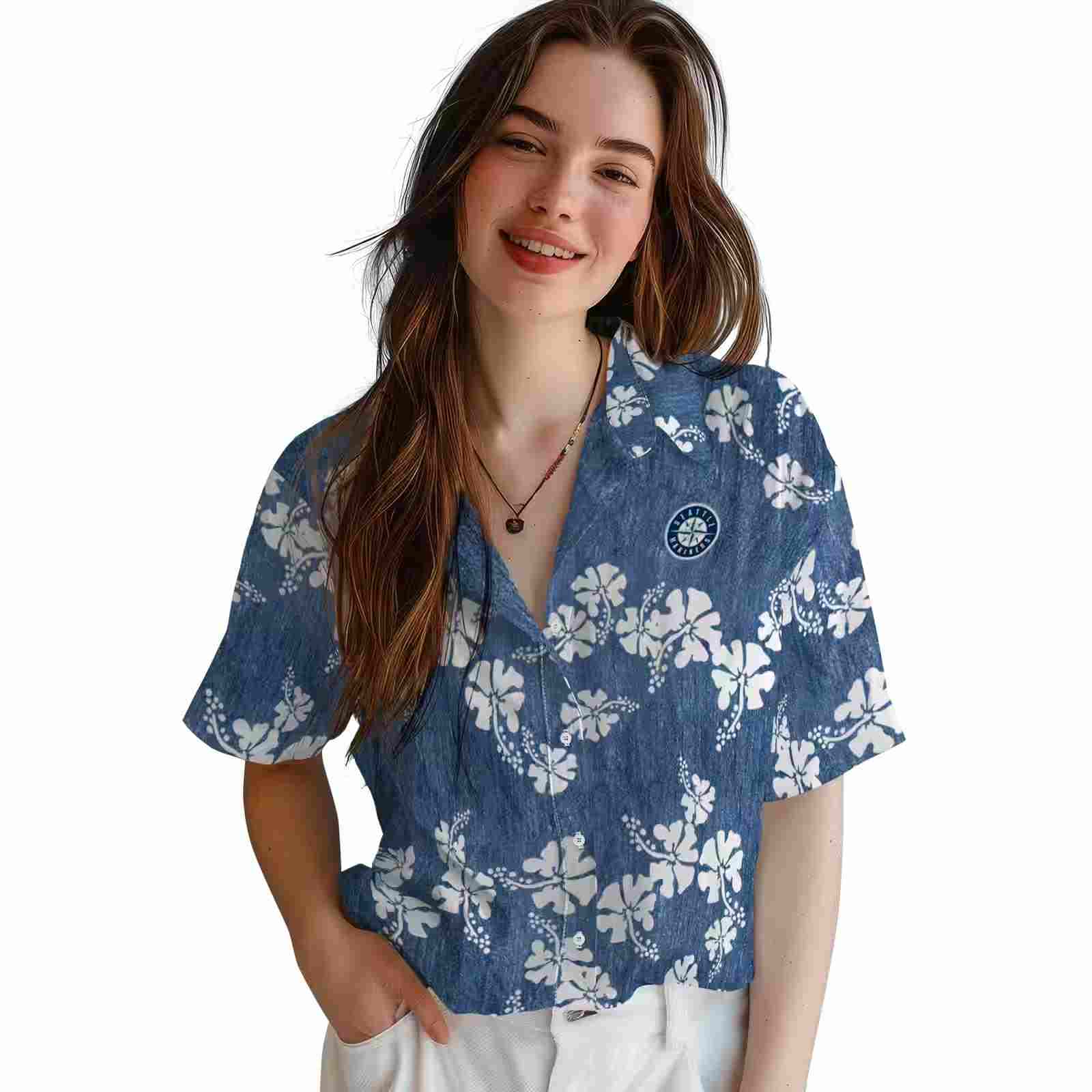 seattle mariners hibiscus clusters navy blue hawaiian shirt latest model