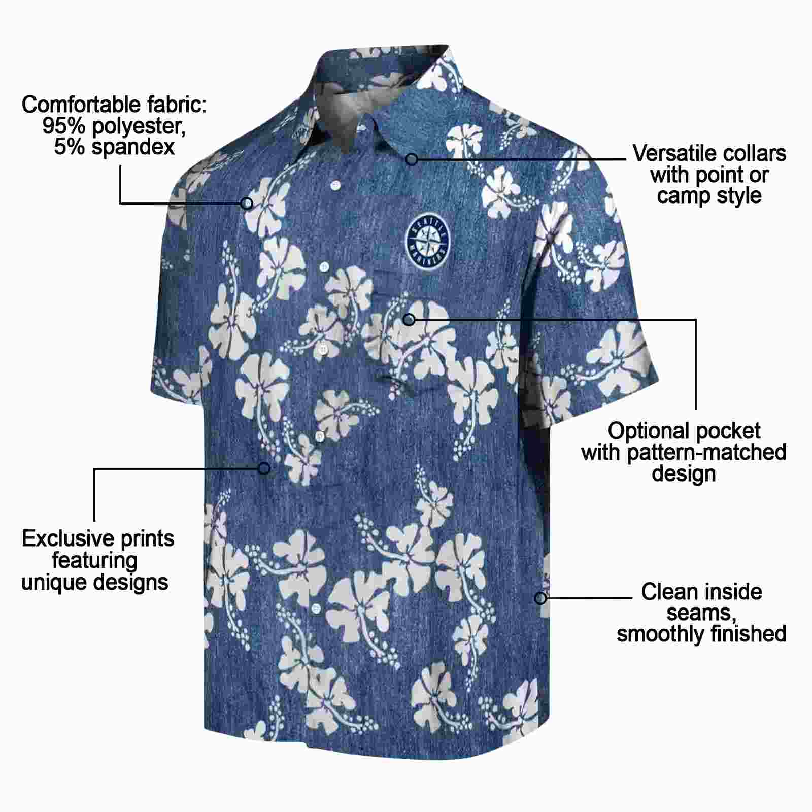 seattle mariners hibiscus clusters navy blue hawaiian shirt new arrival