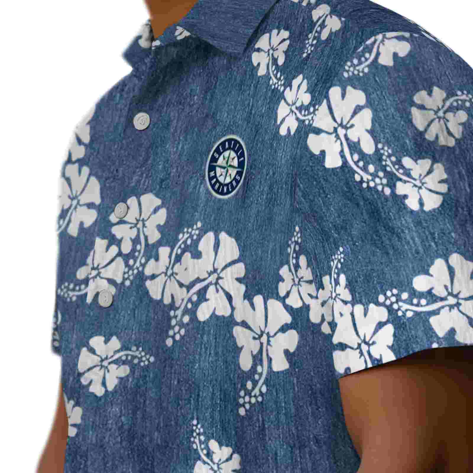 seattle mariners hibiscus clusters navy blue hawaiian shirt trendy