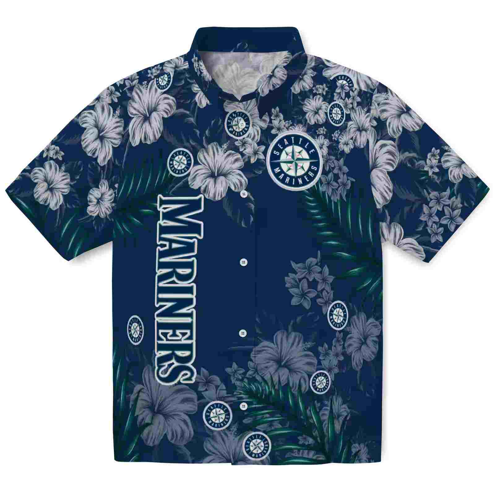 Seattle Mariners Hibiscus Print Navy Blue Hawaiian Shirt