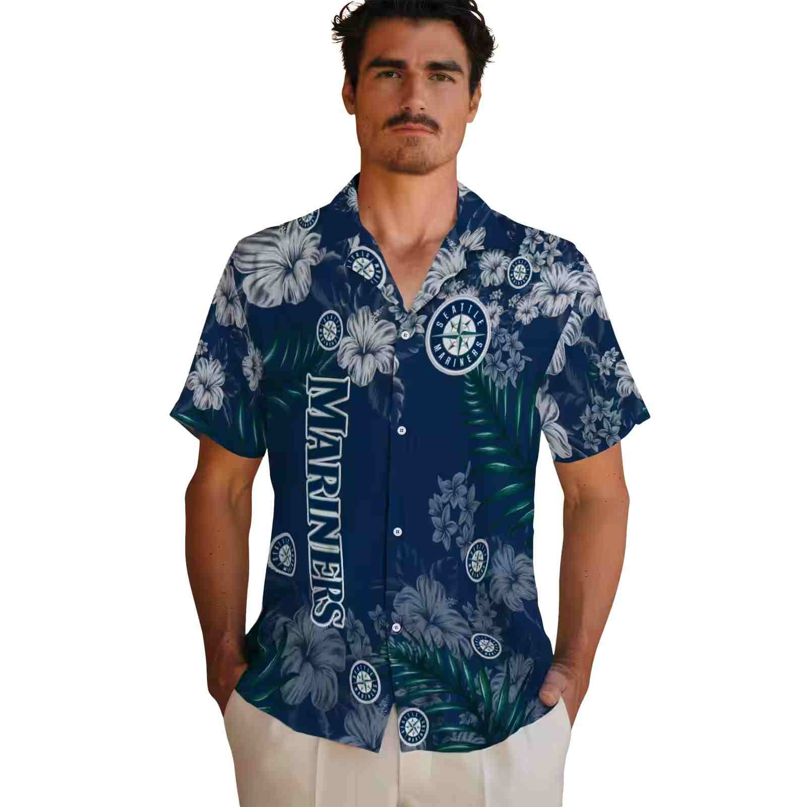 seattle mariners hibiscus print navy blue hawaiian shirt fashion forward