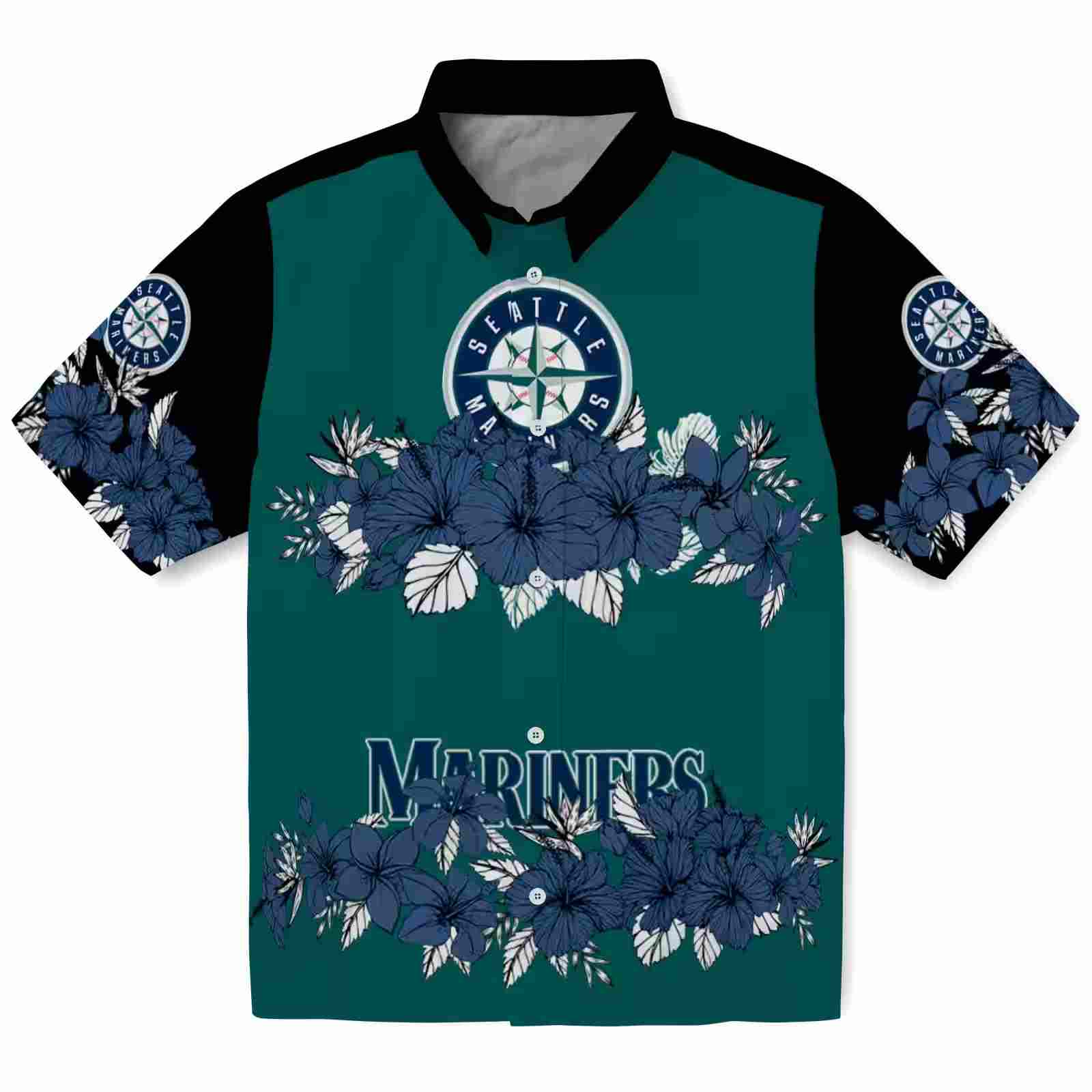 Seattle Mariners Hibiscus Stripe Navy Blue Black Hawaiian Shirt